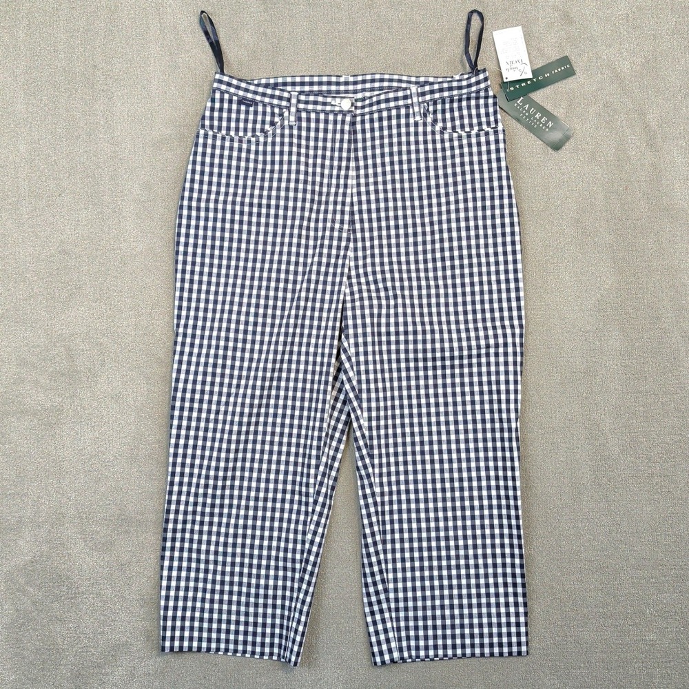 Lauren Ralph Lauren Pants Women 12P Gingham Navy White Cropped Stretch Capri NWT